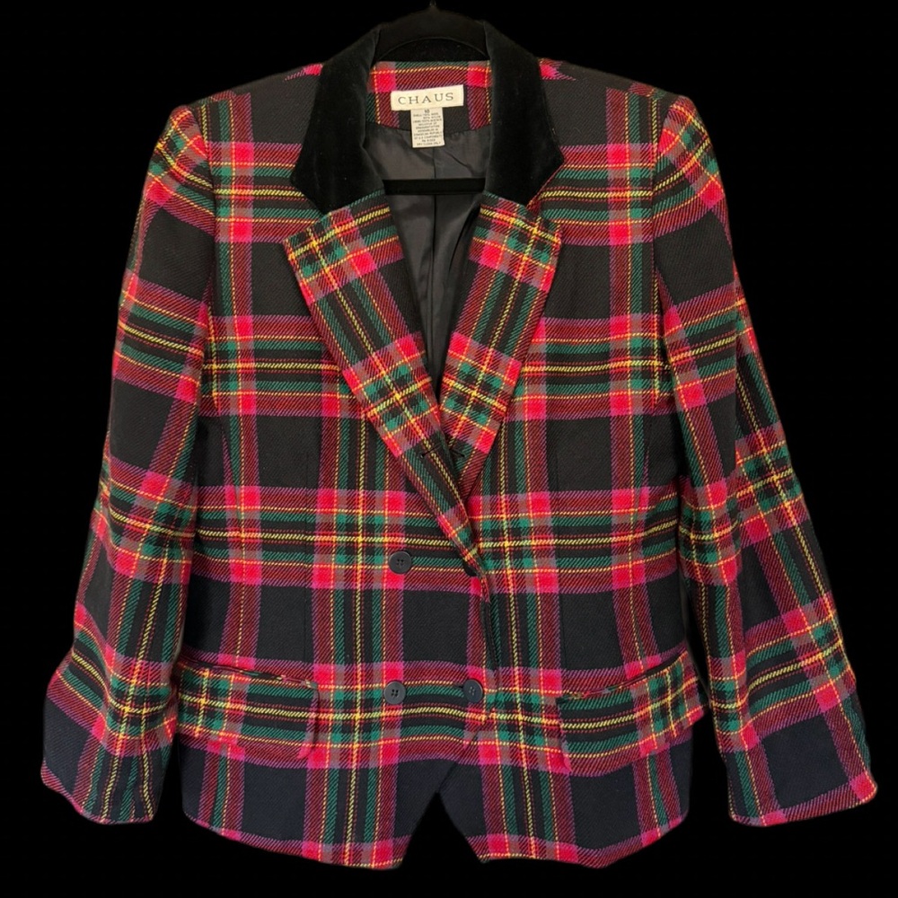 VTG CHAUS | Classic Tartan Plaid Double-Breasted Cropped Blazer